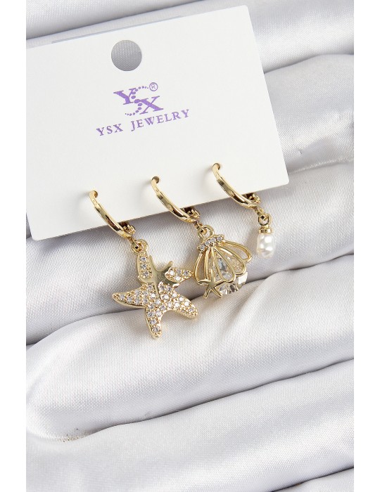 Pirinç Zİrkon Taşlı Deniz Yıldızı Ve İstiridye Model Gold Renk 3'lü Kadın Küpe - TJ-BKP10944