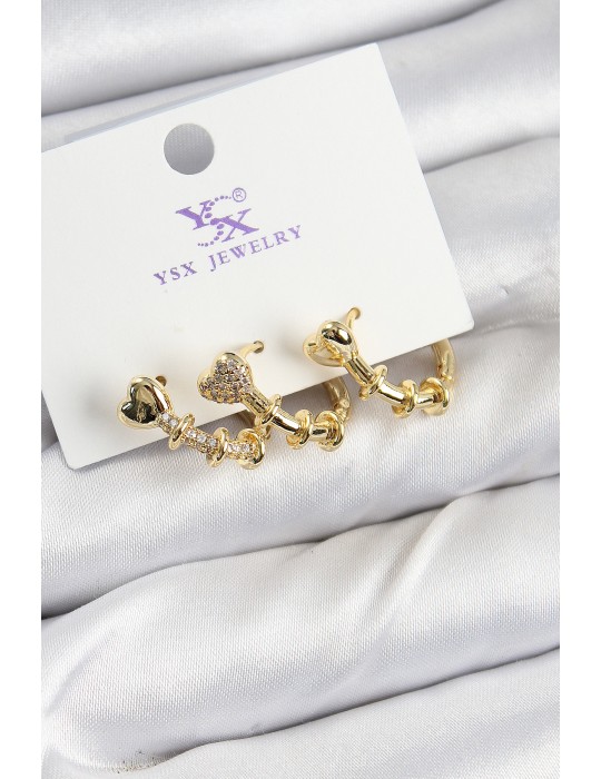 Pirinç Zİrkon Taşlı Kalp Model Gold Renk 3'lü Kadın Küpe - TJ-BKP10947