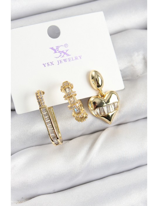 Pirinç Zİrkon Taşlı Kalp Model Gold Renk 3'lü Kadın Küpe - TJ-BKP10948