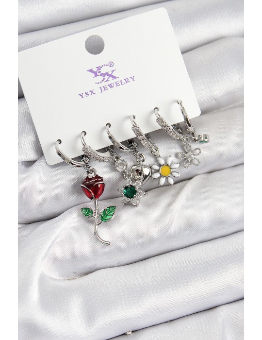 Pirinç Zİrkon Taşlı Gül Ve Papatya Model Gümüş Renk 3'lü Çift Kadın Küpe - TJ-BKP10956