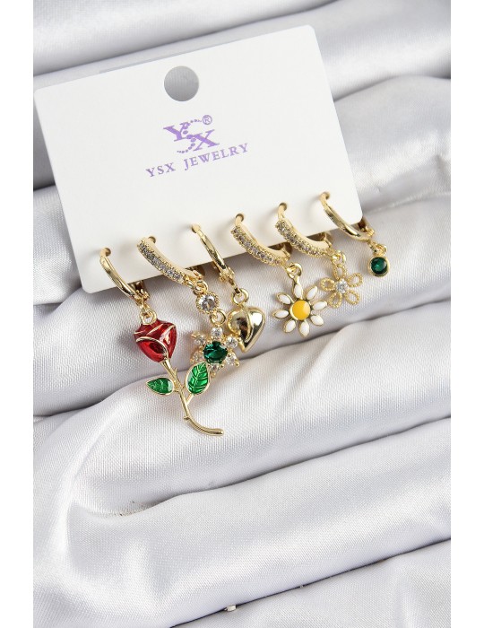 Pirinç Zİrkon Taşlı Gül Ve Papatya Model Gold Renk 3'lü Çift Kadın Küpe - TJ-BKP10957