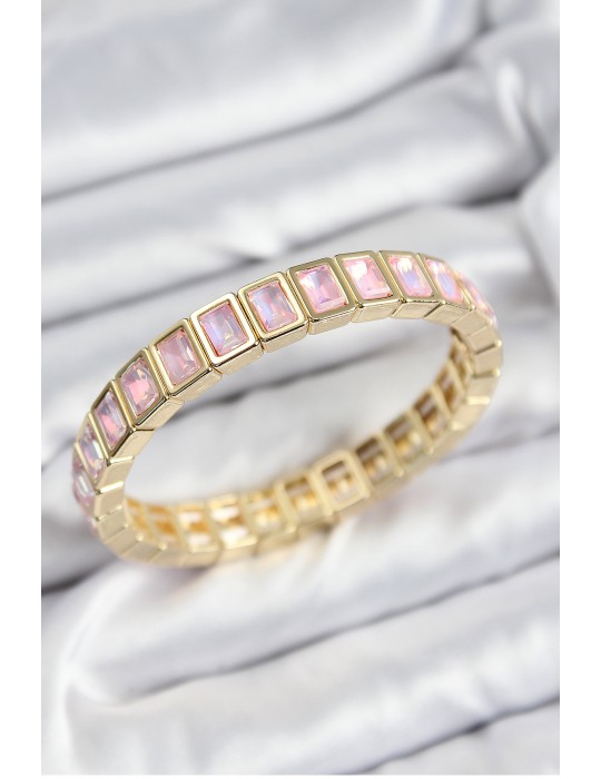 Pirinç Pembe Zirkon Taşlı Dikdörtgen Model Gold Renk Lastikli Kadın Bileklik - TJ-BB7491