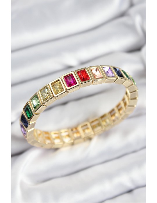 Pirinç Karışık Zirkon Taşlı Dikdörtgen Model Gold Renk Lastikli Kadın Bileklik - TJ-BB7493