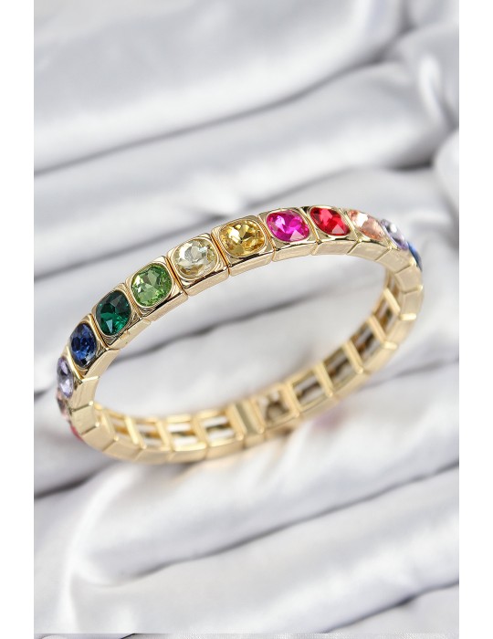 Pirinç Karışık Zirkon Taşlı Kare Model Gold Renk Lastikli Kadın Bileklik - TJ-BB7498