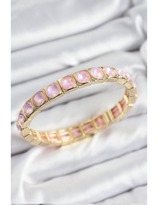 Pirinç Pembe Zirkon Taşlı Kare Model Gold Renk Lastikli Kadın Bileklik - TJ-BB7499