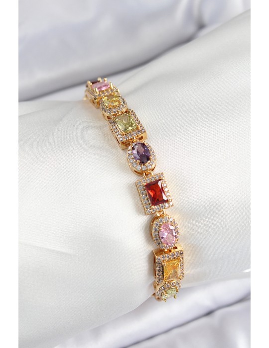 Pirinç Karışık Zirkon Taşlı Baget Model Gold Renk VIP Seri Kadın Bileklik - TJ-BB7504