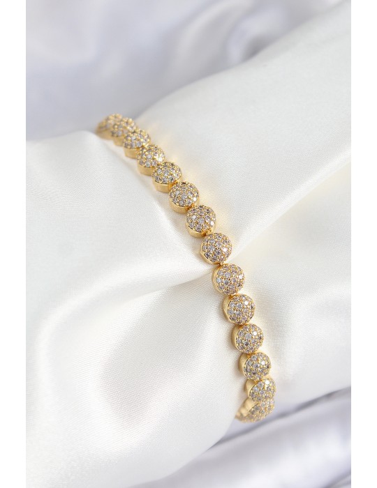 Pirinç Zirkon Taşlı Yarım Topcuk Model Gold Renk VIP Seri Kadın Bileklik - TJ-BB7508