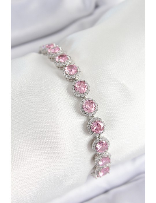 Pirinç Pembe Zirkon Taşlı Daire Baget Model Gümüş Renk VIP Seri Kadın Bileklik - TJ-BB7511