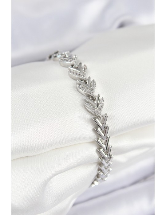 Pirinç Zirkon Taşlı Sıralı Ok Model Gümüş Renk Kadın Bileklik - TJ-BB7526