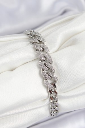Pirinç Zirkon Taşlı Küba Zincir Model Gümüş Renk Kadın Bileklik - TJ-BB7534 Pirinç Zirkon Taşlı Küba Zincir Model Gümüş Renk Kadın Bileklik - TJ-BB7534