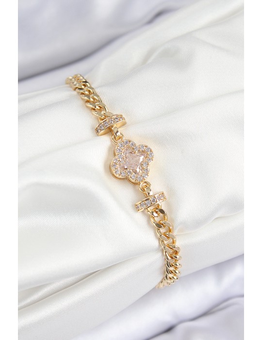 Pirinç Zirkon Taşlı Yonca Model Gold Renk Kadın Bileklik - TJ-BB7537