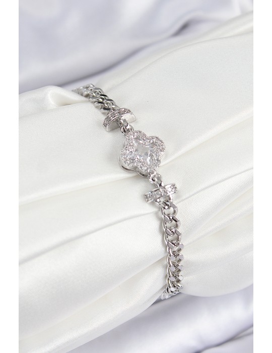 Pirinç Zirkon Taşlı Yonca Model Gümüş Renk Kadın Bileklik - TJ-BB7538