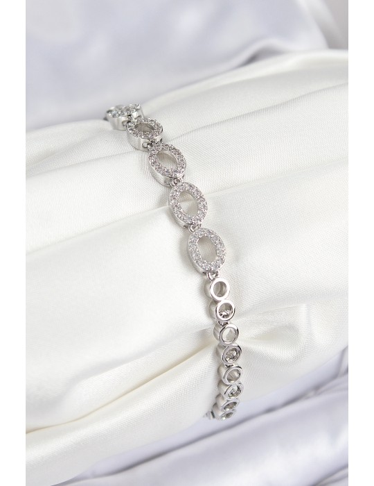 Pirinç Zirkon Taşlı Oval Model Gümüş Renk Kadın Bileklik - TJ-BB7544