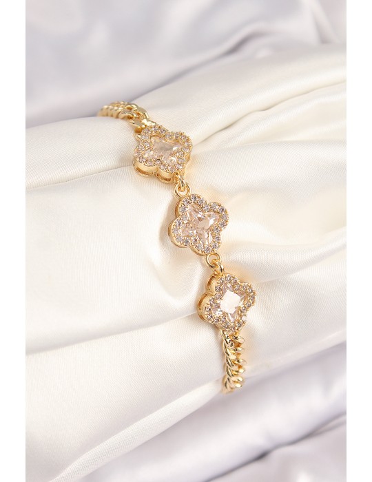 Pirinç Zirkon Taşlı Yonca Model Gold Renk Kadın Bileklik - TJ-BB7545