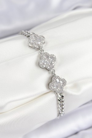 Pirinç Zirkon Taşlı Yonca Model Gümüş Renk Kadın Bileklik - TJ-BB7546