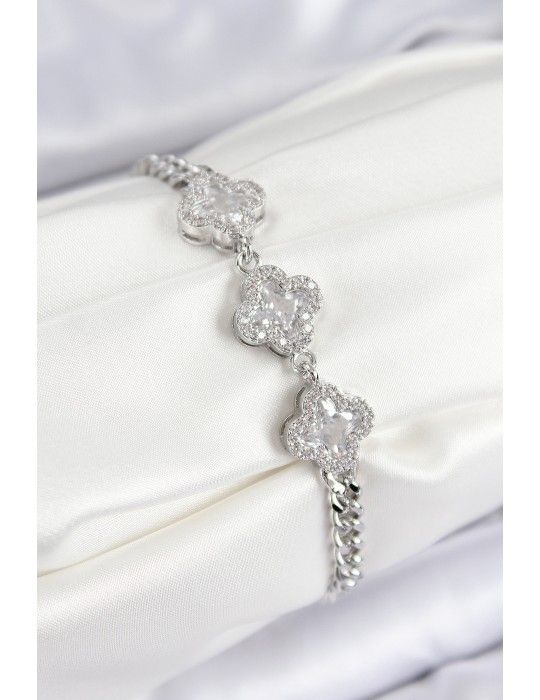 Pirinç Zirkon Taşlı Yonca Model Gümüş Renk Kadın Bileklik - TJ-BB7546