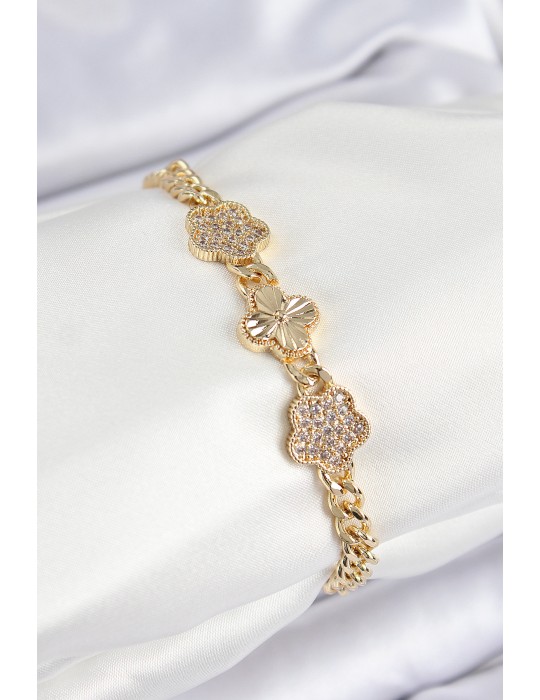 Pirinç Zirkon Taşlı Yonca Model Gold Renk Kadın Bileklik - TJ-BB7547