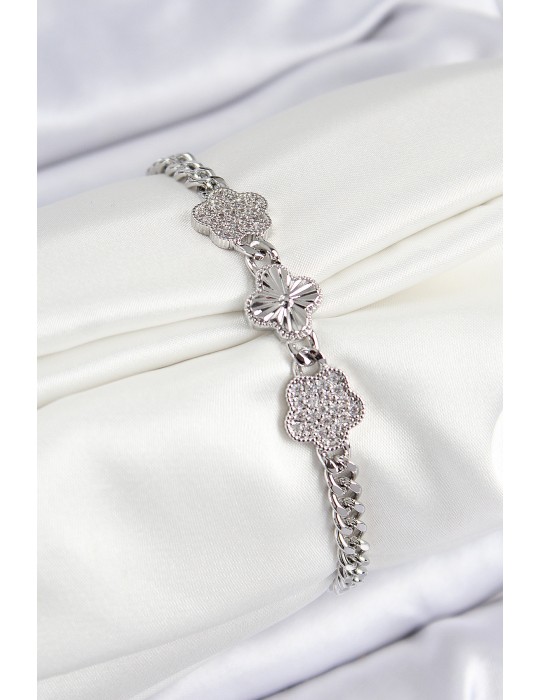 Pirinç Zirkon Taşlı Yonca Model Gümüş Renk Kadın Bileklik - TJ-BB7548