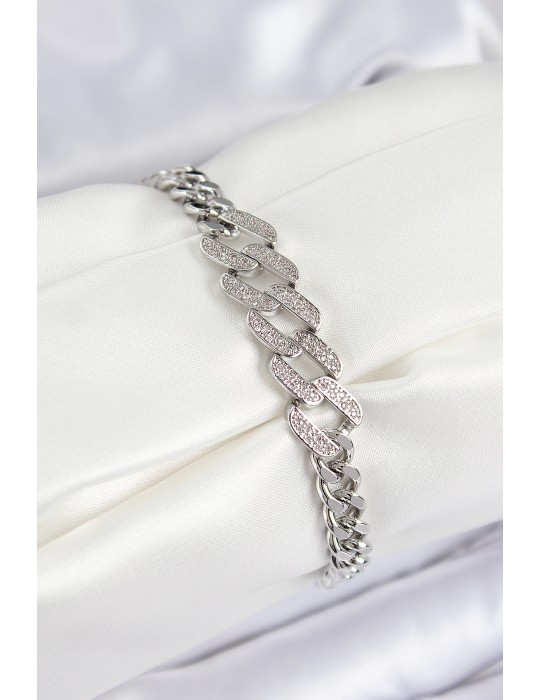 Pirinç Zirkon Taşlı Ezme Küba Zincir Model Gümüş Renk Kadın Bileklik - TJ-BB7550