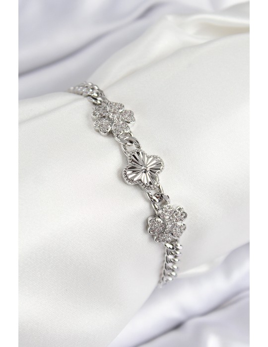 Pirinç Zirkon Taşlı Yonca Model Gümüş Renk Kadın Bileklik - TJ-BB7558