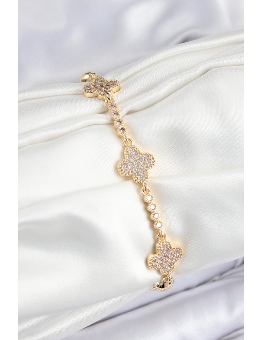 Pirinç Zirkon Taşlı Yonca Model Gold Renk Kadın Bileklik - TJ-BB7561