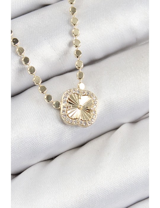 Pirinç Zirkon Taşlı Yonca Model Ezme Zincir Gold Renk Kadın Kolye - TJ-BKO10392