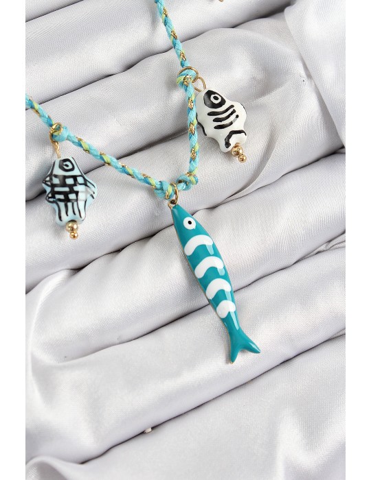 Seramik Motifli Balık Figürlü Model Mavi İp Kadın Kolye - TJ-BKO10396