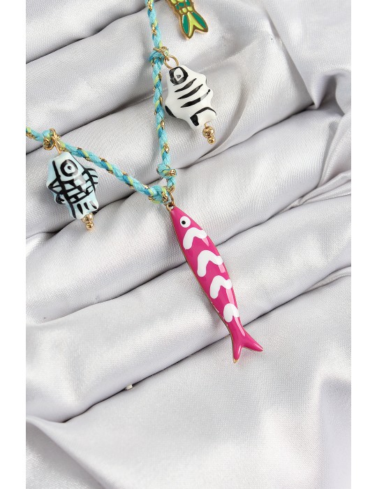 Seramik Motifli Pembe Balık Figürlü Model Mavi İp Kadın Kolye - TJ-BKO10397