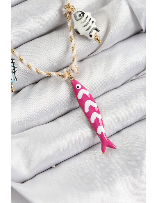 Seramik Motifli Pembe Balık Figürlü Model Krem İp Kadın Kolye - TJ-BKO10398