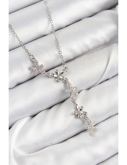 316L Çelik Zirkon Taşlı Çiçek Model Gümüş Renk Kadın Kolye - TJ-BKO10406