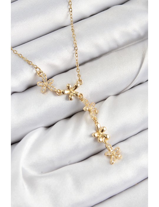 316L Çelik Zirkon Taşlı Çiçek Model Gold Renk Kadın Kolye - TJ-BKO10407