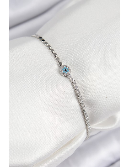 Pirinç Zirkon Taşlı Nazar Model Ezme Zincir Gümüş Renk Kadın Bileklik - TJ-BB7584