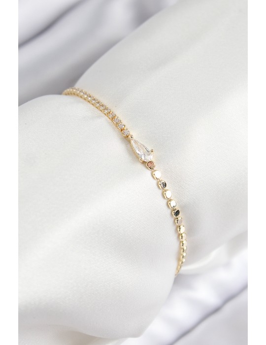 Pirinç Zirkon Taşlı Damla Model Ezme Zincir Gold Renk Kadın Bileklik - TJ-BB7589