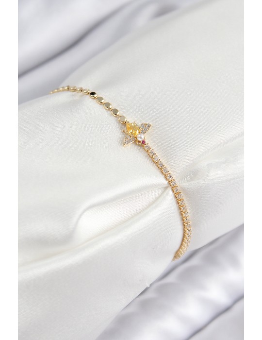 Pirinç Zirkon Taşlı Arı Model Ezme Zincir Gold Renk Kadın Bileklik - TJ-BB7595