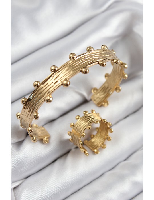 Pirinç Topcuk Model Gold Renk Bileklik Yüzük Set - TJ-BB7602