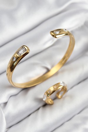 Pirinç Zirkon Taşlı Ayrık Model Gold Renk Bileklik Yüzük Set - TJ-BB7605 Pirinç Zirkon Taşlı Ayrık Model Gold Renk Bileklik Yüzük Set - TJ-BB7605