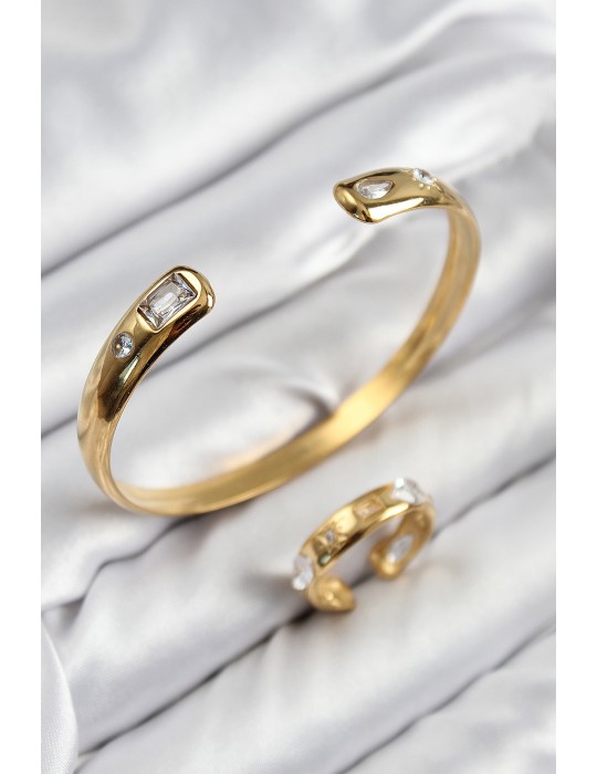 Pirinç Zirkon Taşlı Ayrık Model Gold Renk Bileklik Yüzük Set - TJ-BB7605