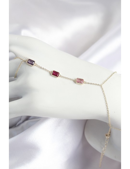 Pirinç Renkli Zirkon Taşlı Dikdörtgen Model Gold Renk Kadın Şahmeran - TJ-SN693