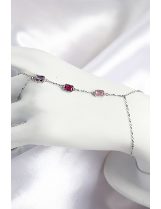 Pirinç Renkli Zirkon Taşlı Dikdörtgen Model Gümüş Renk Kadın Şahmeran - TJ-SN694