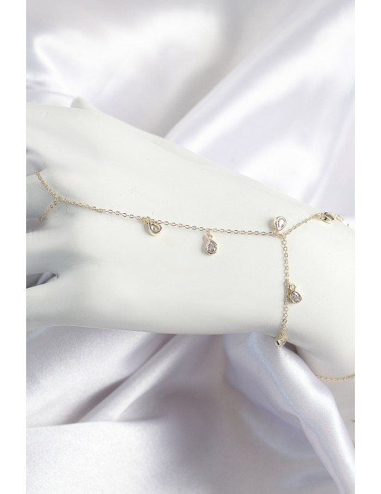 Pirinç Zirkon Taşlı Sallantılı Damla Model Gold Renk Kadın Şahmeran - TJ-SN703