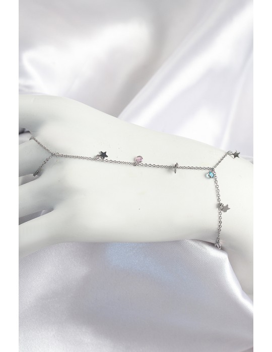 Pirinç Renkli Zirkon Taşlı Sallantılı Yıldızlı Model Gümüş Renk Kadın Şahmeran - TJ-SN708