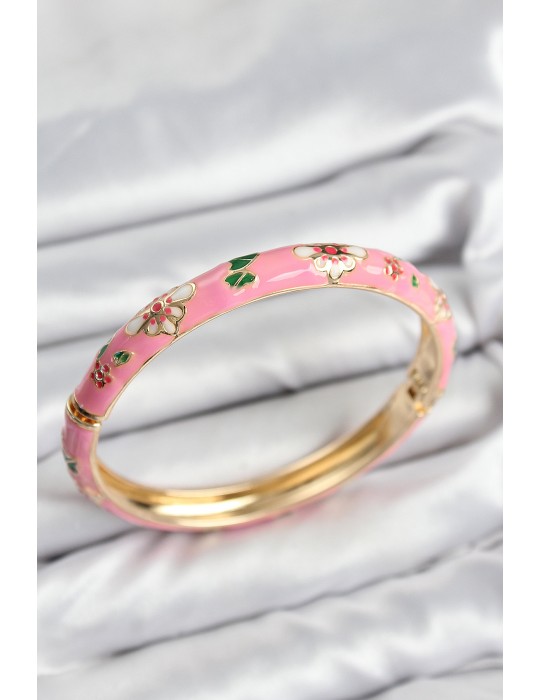 Mineli Pirinç Pembe Çiçek Motifli Gold Kadın Kelepçe - TJ-BB7617