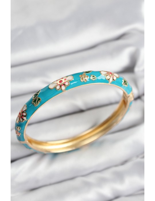 Mineli Pirinç Mavi Çiçek Motifli Gold Kadın Kelepçe - TJ-BB7618