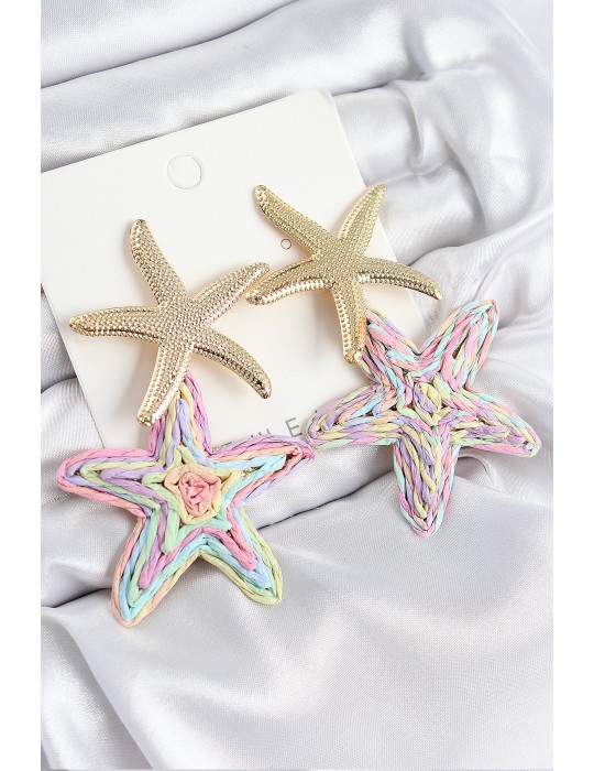 Pirinç Sallantılı Rainbow Deniz Yıldızı Model Gold Renk Hasır Küpe - TJ-BKP11025