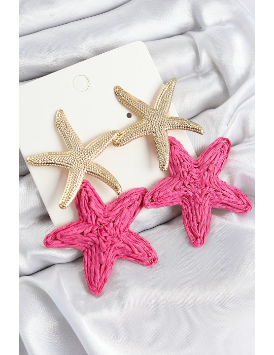 Pirinç Sallantılı Pembe Deniz Yıldızı Model Gold Renk Hasır Küpe - TJ-BKP11026