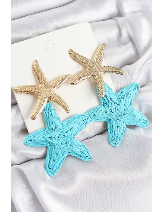 Pirinç Sallantılı Turkuaz Deniz Yıldızı Model Gold Renk Hasır Küpe - TJ-BKP11027