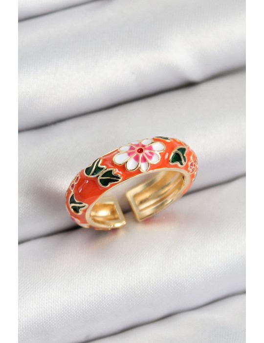 Pirinç Turuncu Mineli Çiçek Motifli Gold Renk Ayarlanabilir Kadın Yüzük - TJ-BYK3804