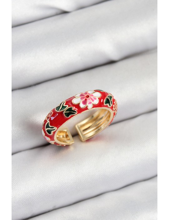 Pirinç Kırmızı Mineli Çiçek Motifli Gold Renk Ayarlanabilir Kadın Yüzük - TJ-BYK3809