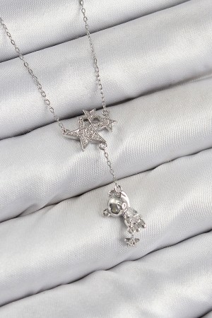 Pirinç Zirkon Taşlı Sallantılı Ayıcıklı Yıldız Model Gümüş Renk Kadın Kolye - TJ-BKO10419