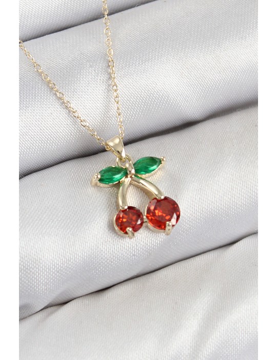 Pirinç Zirkon Taşlı Kiraz Model Gold Renk Kadın Kolye - TJ-BKO10420